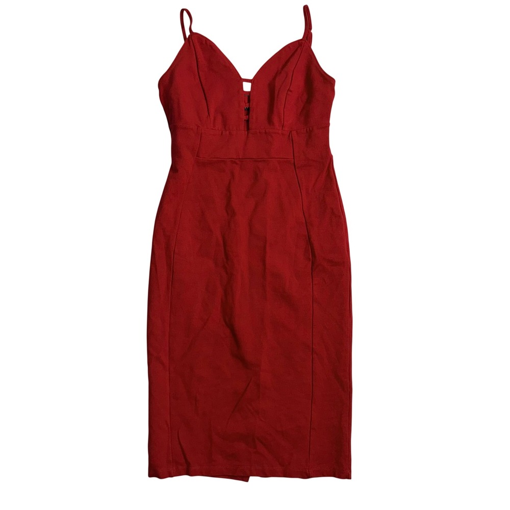 Haute Monde Red V Neck Spaghetti Strap Button Detail‎ Bodycon Midi Dress Size M